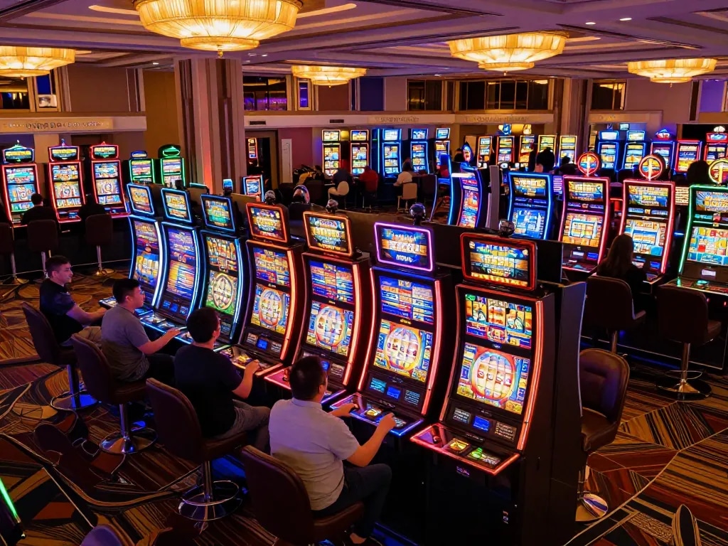 Players enjoying vibrant slot machines in luck8l casino, celebrating wins in exciting atmosphere