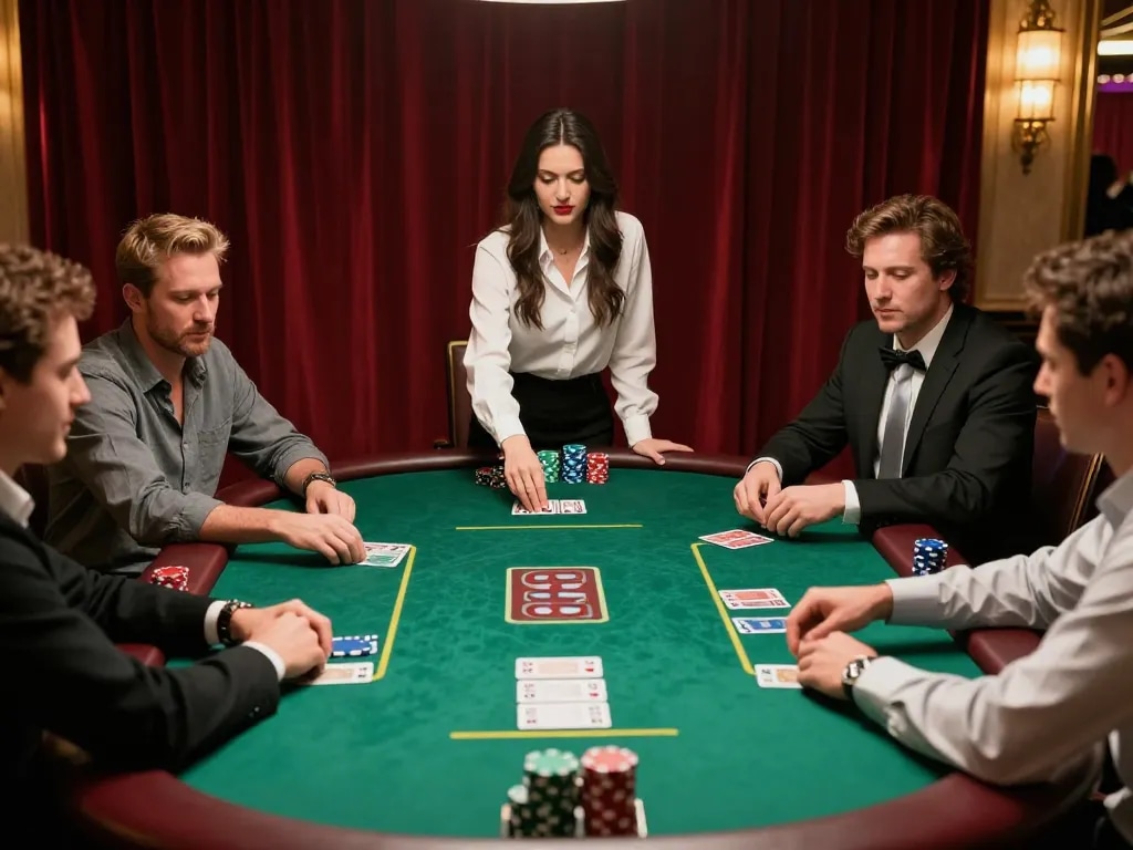 Players strategizing at the GG88 poker table, showcasing intense gameplay moments in a luxurious casino setting.