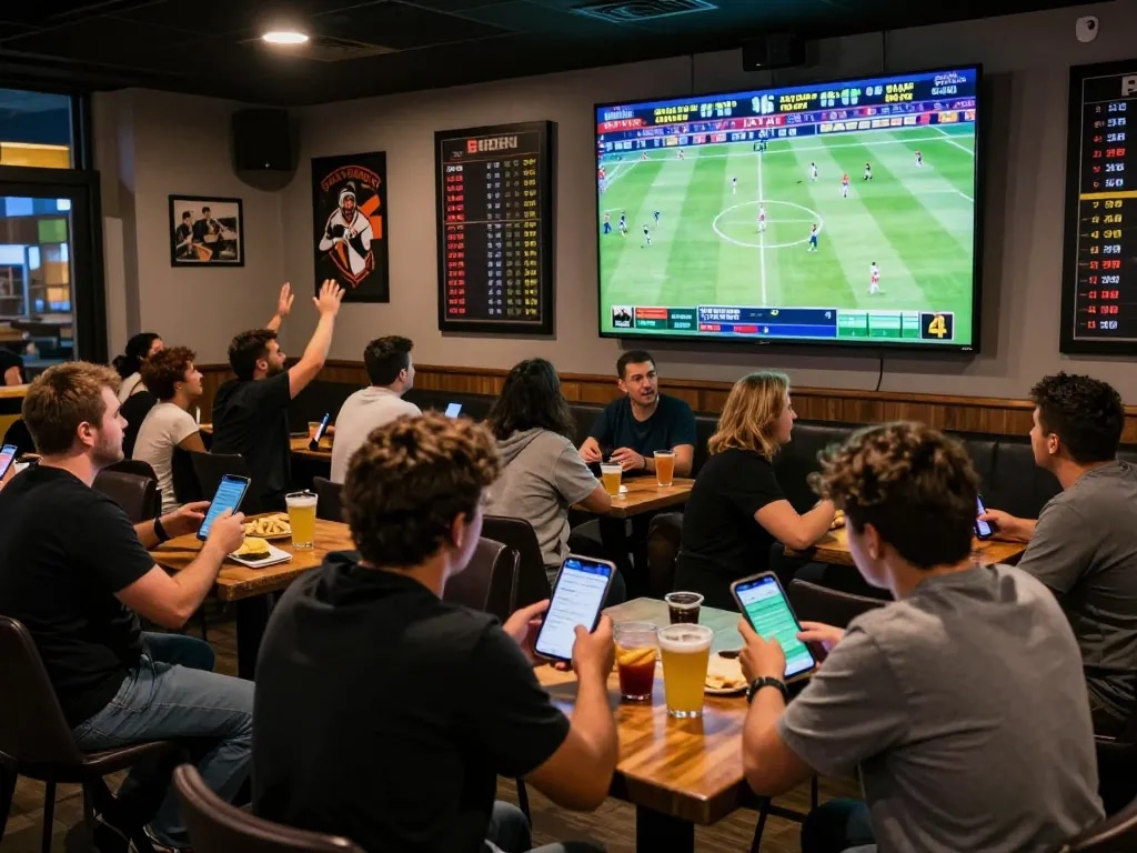 Engaged bettors enjoying de bet action in a lively sports bar during a game.