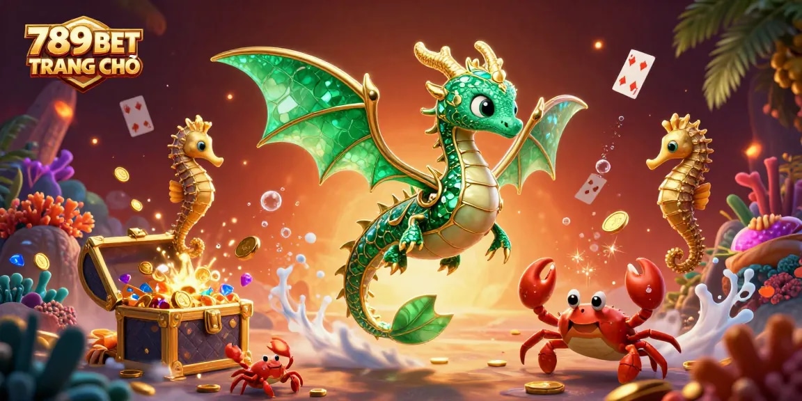 Play and win at 789BET TRANG CHỦ featuring a majestic sea dragon and treasure chest full of riches.