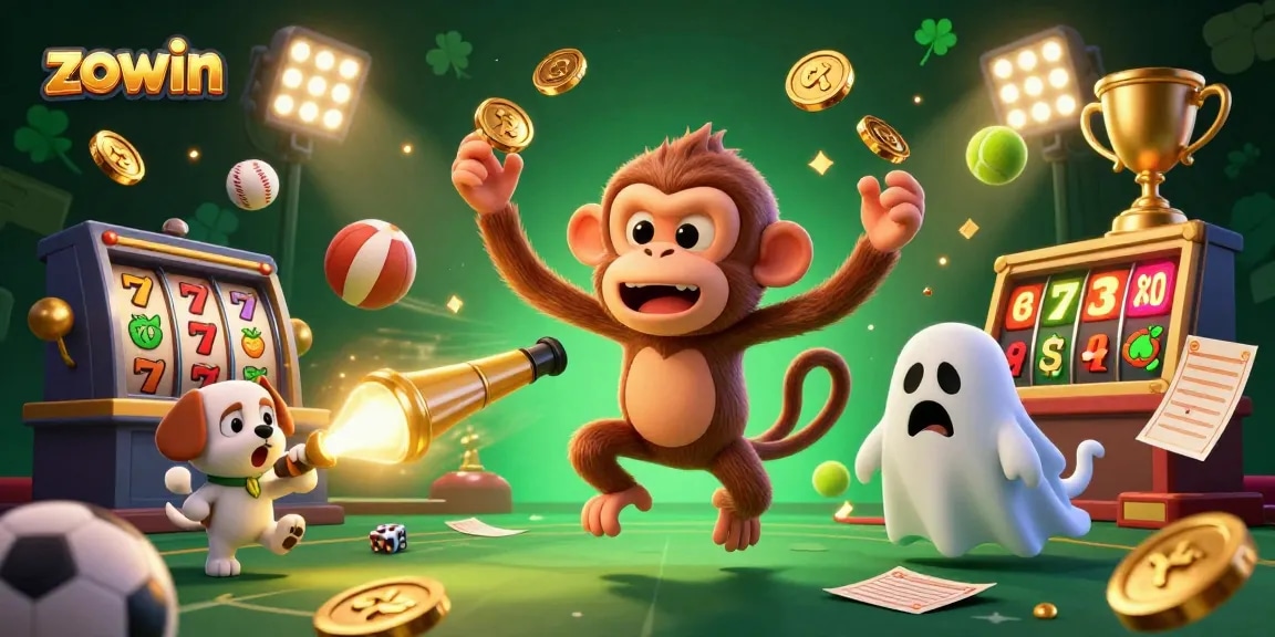 Zowin captures unique casino magic as a mischievous monkey juggles golden coins amidst thrilling slot action.
