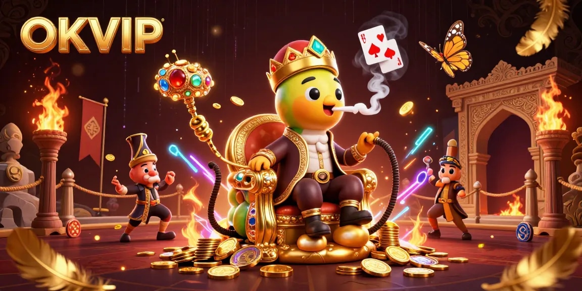 Engage with OKVIP's vibrant gambling world featuring a colorful caterpillar and poker motifs.