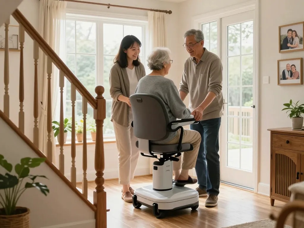 Senior citizen using a stairlift in a bright home setting for safe mobility.