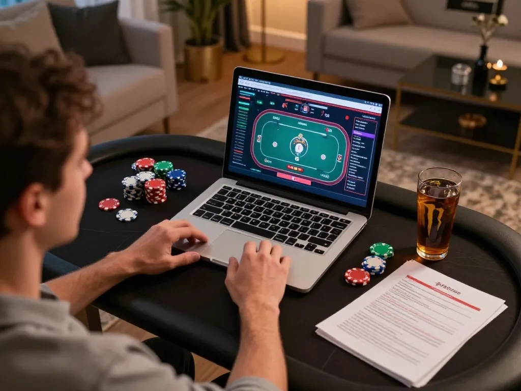 Player engaging in online games at MB88 COM, studying strategies with colorful chips and notes.