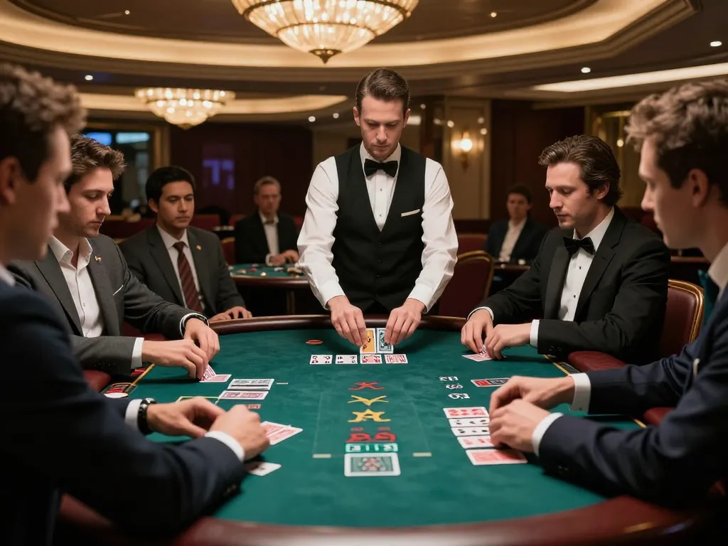 Engaged players at the uu88 trang chủ blackjack table strategizing their next moves in a luxurious casino environment