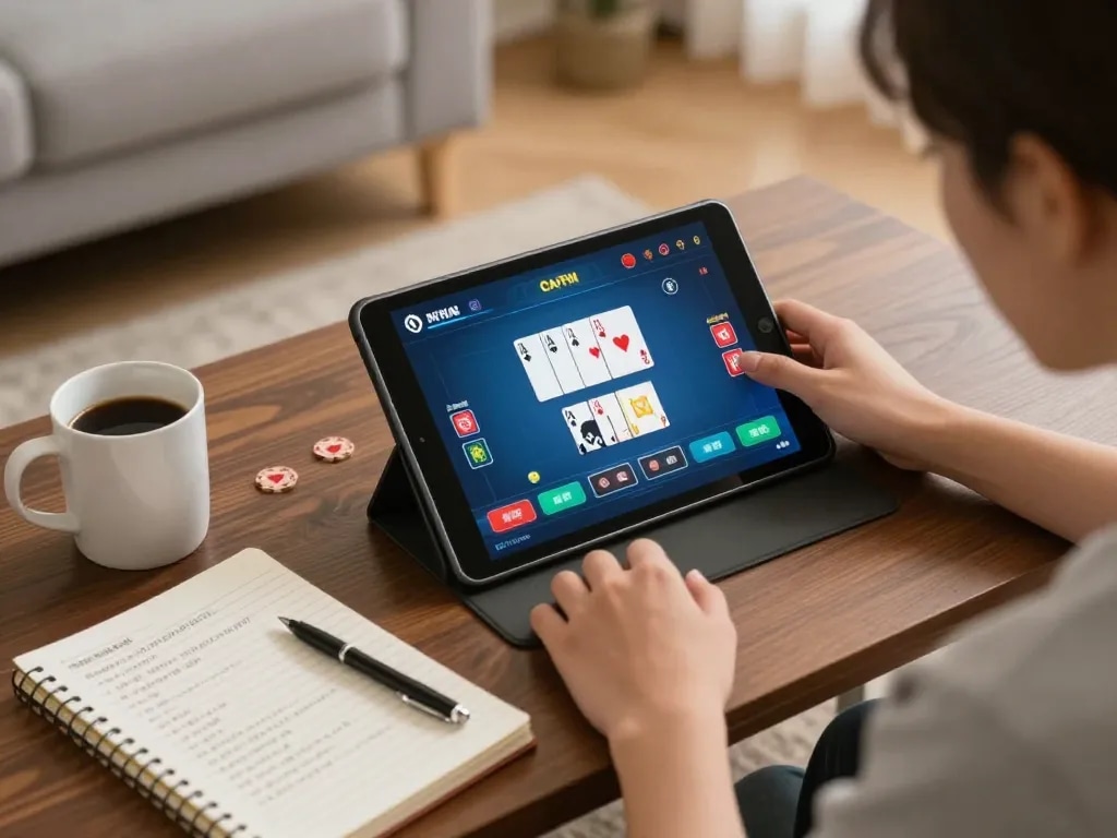 Engaged player experiencing the 789win club poker game on a tablet at home, showcasing a cozy atmosphere and strategic preparation.