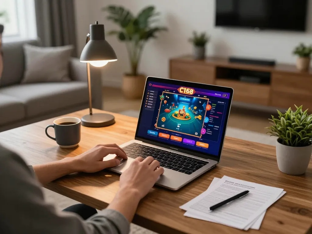 C168 online casino gameplay with immersive visuals, cozy living room setup.