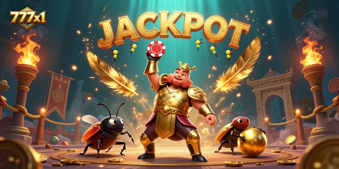 Experience exciting wins with the 777x1 jackpot scene featuring beetles and fireflies.
