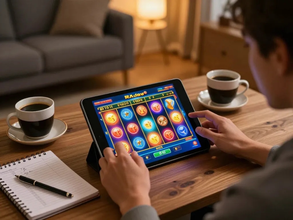 Player enjoying raja slot game on tablet at home with coffee and strategy notes visible