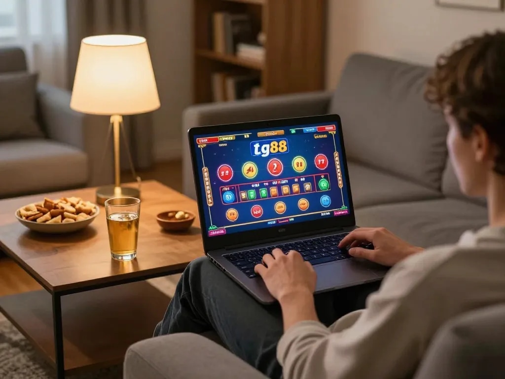 Person playing online casino game on tg88-bm in cozy home environment, emphasizing responsible gambling.