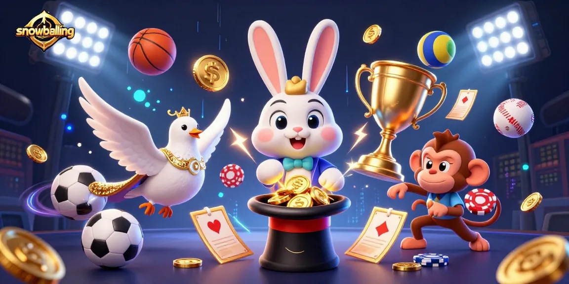 Engage in snowballing thrills with a cartoon magician pulling coins while surrounded by gaming action.