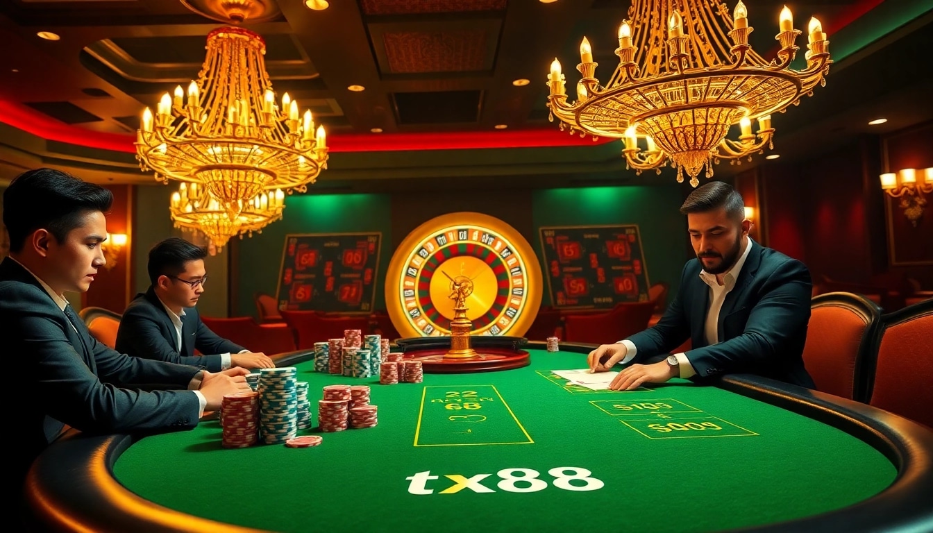 Players enjoy a thrilling game at the luxurious tx88 casino poker table, showcasing excitement and high stakes.