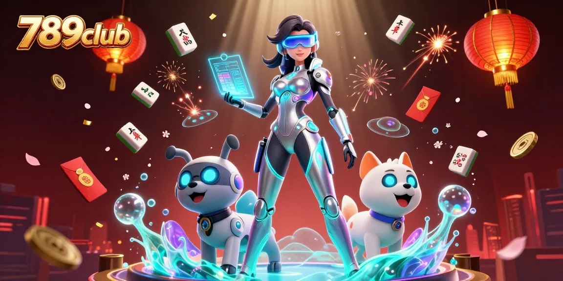 Experience thrilling gaming at 789club with a semi-realistic woman, a robot dog, and casino elements.