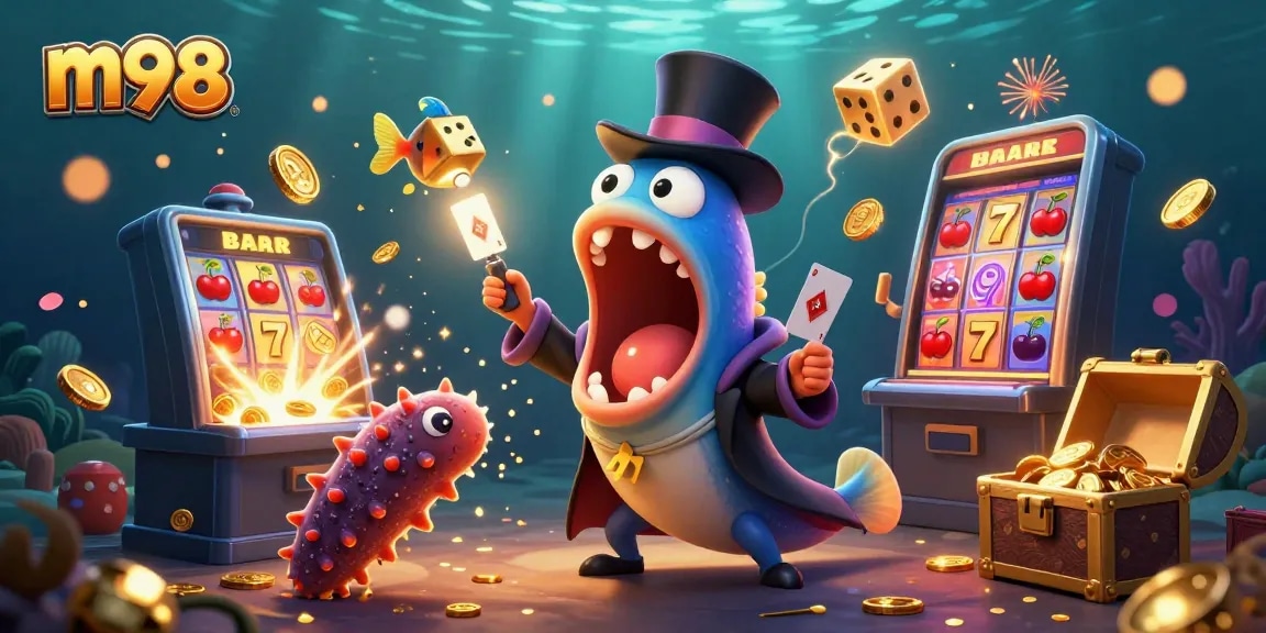 Experience the thrill of m98 with a vibrant underwater scene featuring a magical card trick performance.