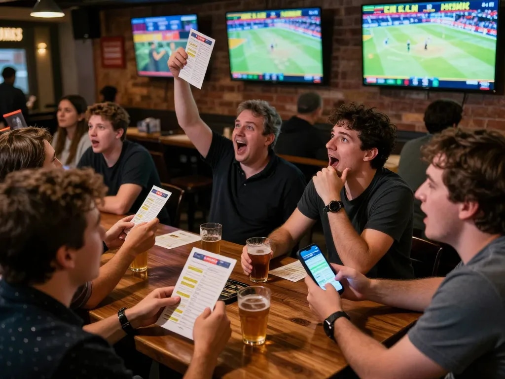 Exciting sports betting scene showing patrons engaging with kèo nhà cái on betting apps and watching live games