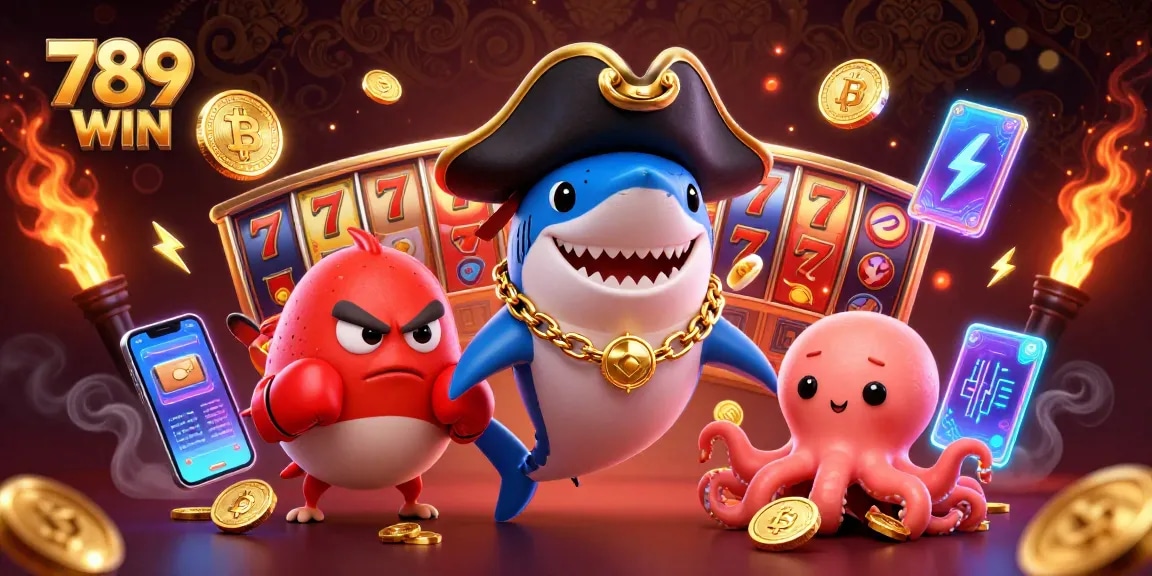 Join the excitement with 789 WIN, featuring a dynamic casino adventure with playful characters and slot game elements.