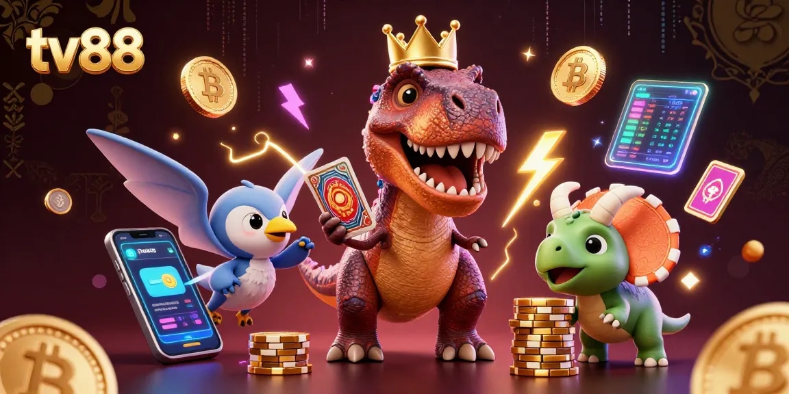 Play exciting casino games at tv88 with a lively scene of dinosaur characters and crypto elements!