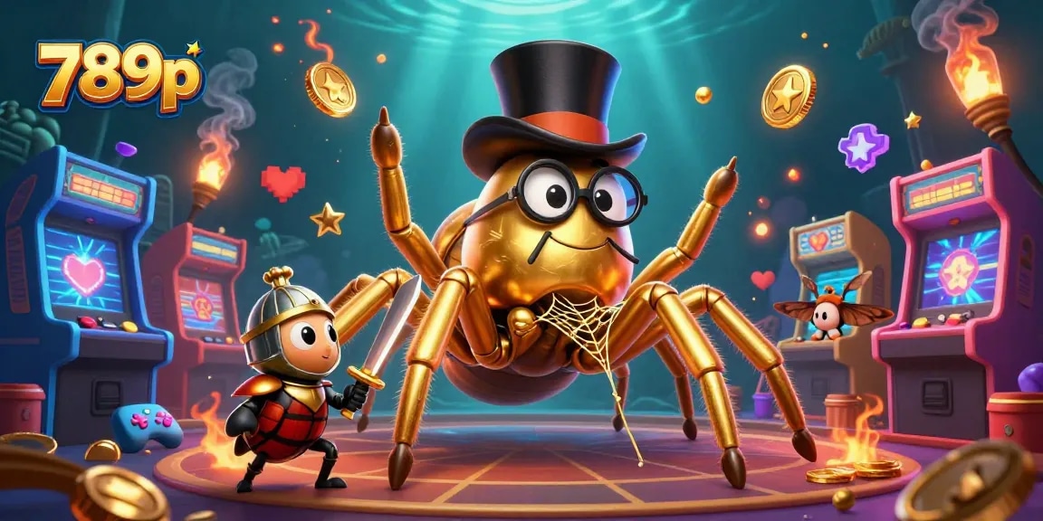 Experience 789p's thrilling casino atmosphere with a golden tarantula and beetle knight.