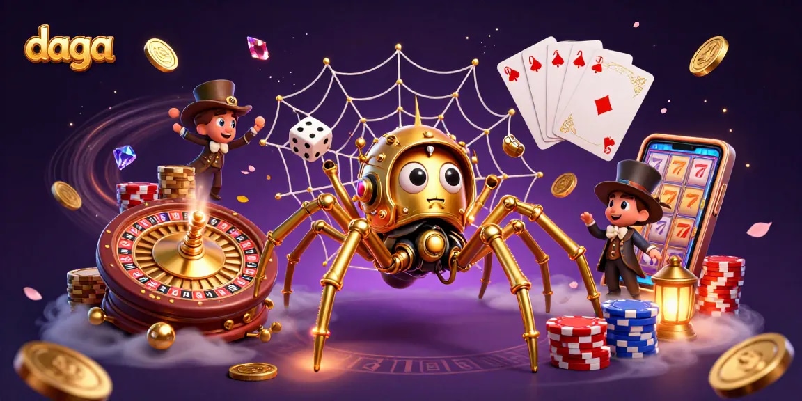 Play exciting games at daga with a whimsical steampunk spider and golden coins swirling dynamically.