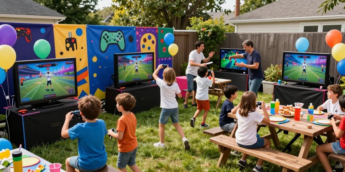 Children enjoying a gaming party Kent with multiplayer setup, laughter, and competitive spirit.