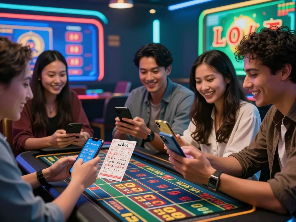 Lô đề online - Top 10+ trang đánh đề online tỷ lệ 1 ăn 99,99 with players celebrating their betting strategies in a lively virtual environment.