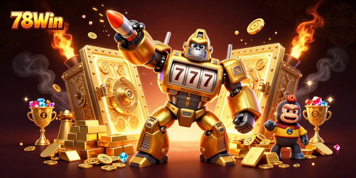 Experience the thrill of winning with 78Win's explosive gaming adventure featuring a golden gorilla mech.