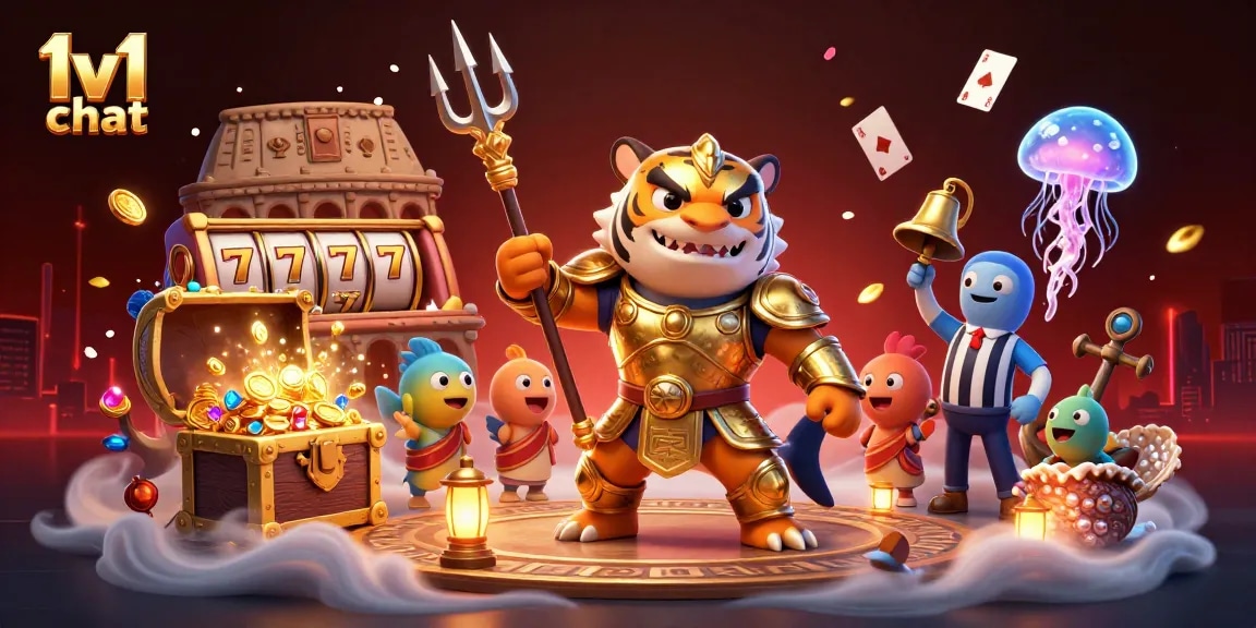 Engage in lively 1v1 chat with a flashy underwater casino scene featuring a shark in gladiator armor.