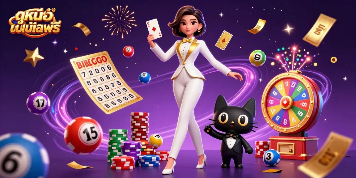 Experience ดูหนังออนไลน์ฟรี with a glamorous woman and a tuxedo cat set against a vibrant casino backdrop.
