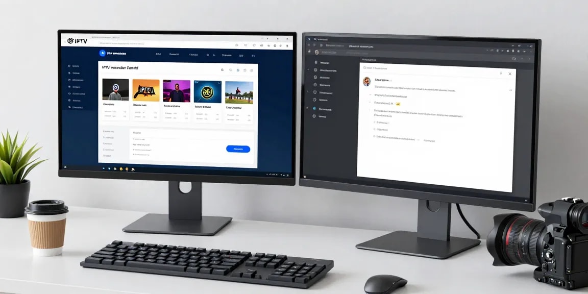 IPTV reseller panel dashboard showcasing subscription management and support, in a modern tech workspace.