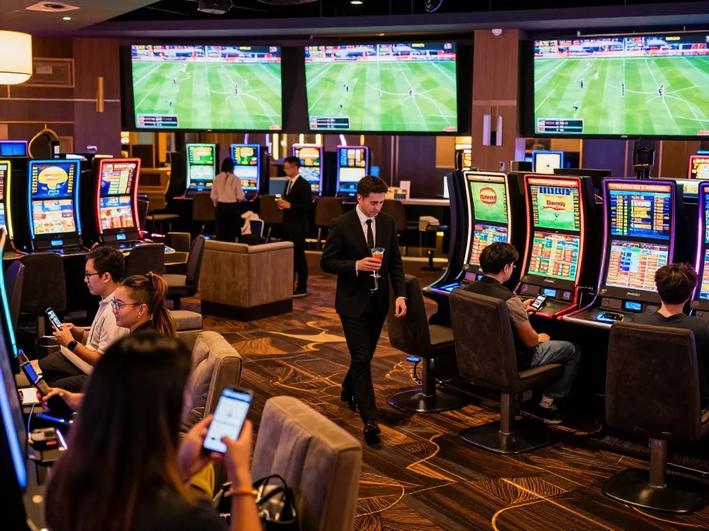 Bongdalu live football betting scene with excited patrons and multiple screens displaying odds.