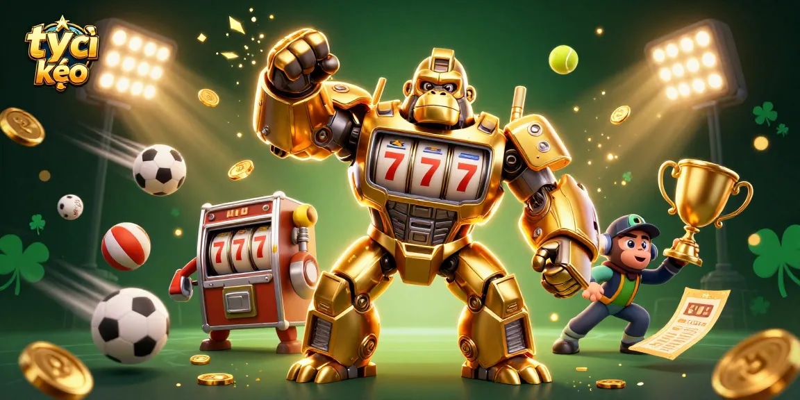 Betting on tỷ lệ kèo with a golden gorilla mech and dynamic sports elements for an exciting gambling experience