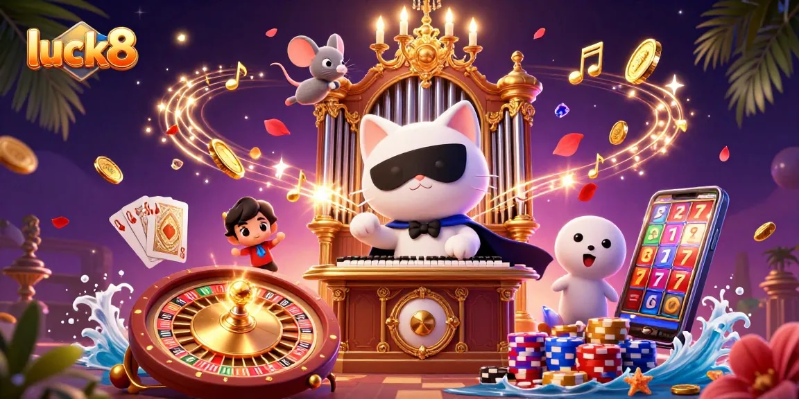 Experience the vibrant gaming action at luck8 with a whimsical casino scene filled with animated characters and festive elements.