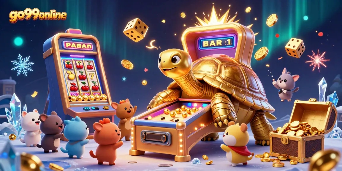 Experience thrilling gameplay at go99online with a 3D golden tortoise slot machine bursting with cash!