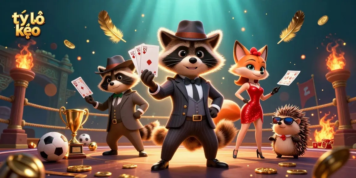 Bettors analyze tỷ lệ kèo in a vibrant casino scene featuring raccoon, fox, and hedgehog.