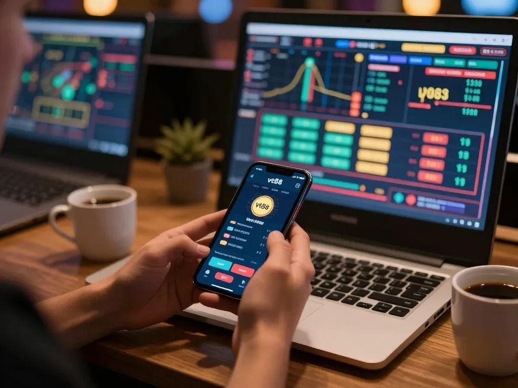Player engaging with the vt88 betting app on smartphone, showcasing online gambling excitement.