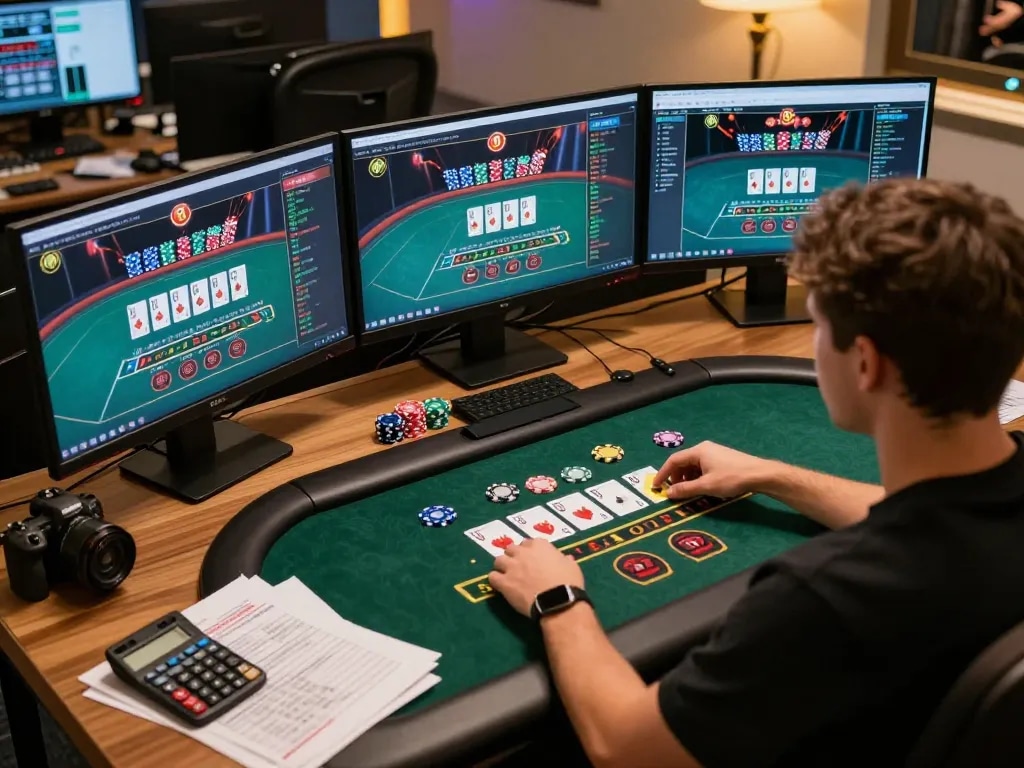 Engaged player analyzing sv66 betting odds and strategies on multiple screens while playing online blackjack.