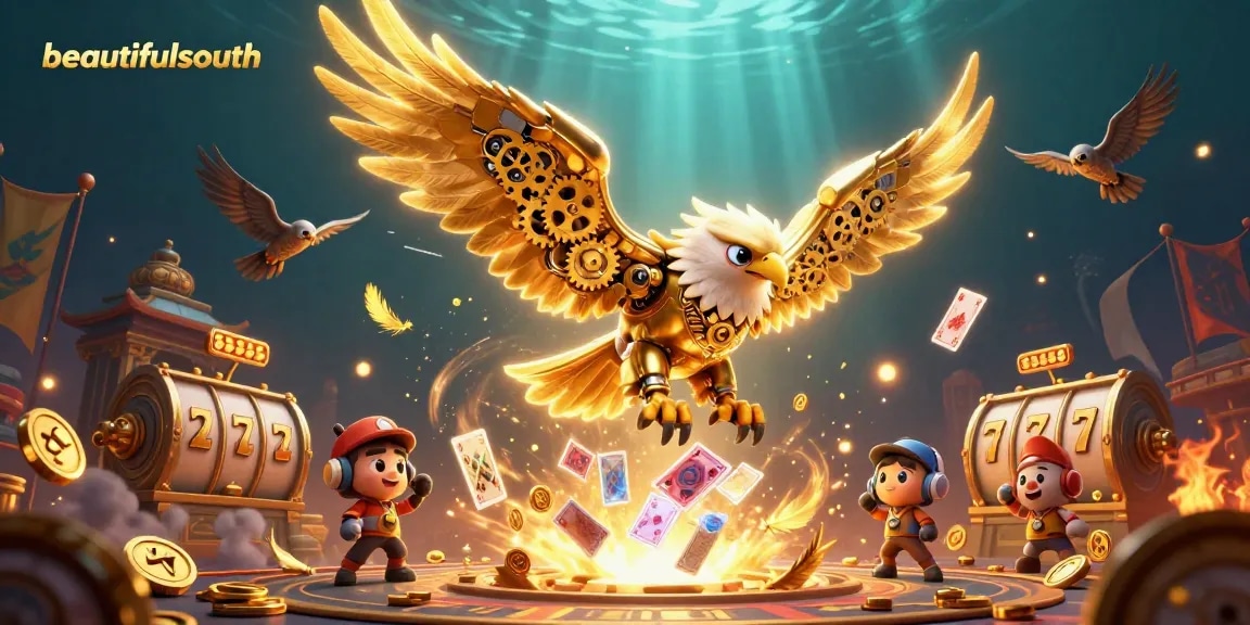 Experience gambling with beautifulsouth through an energetic scene of a cybernetic eagle amid slots and holographic cards.