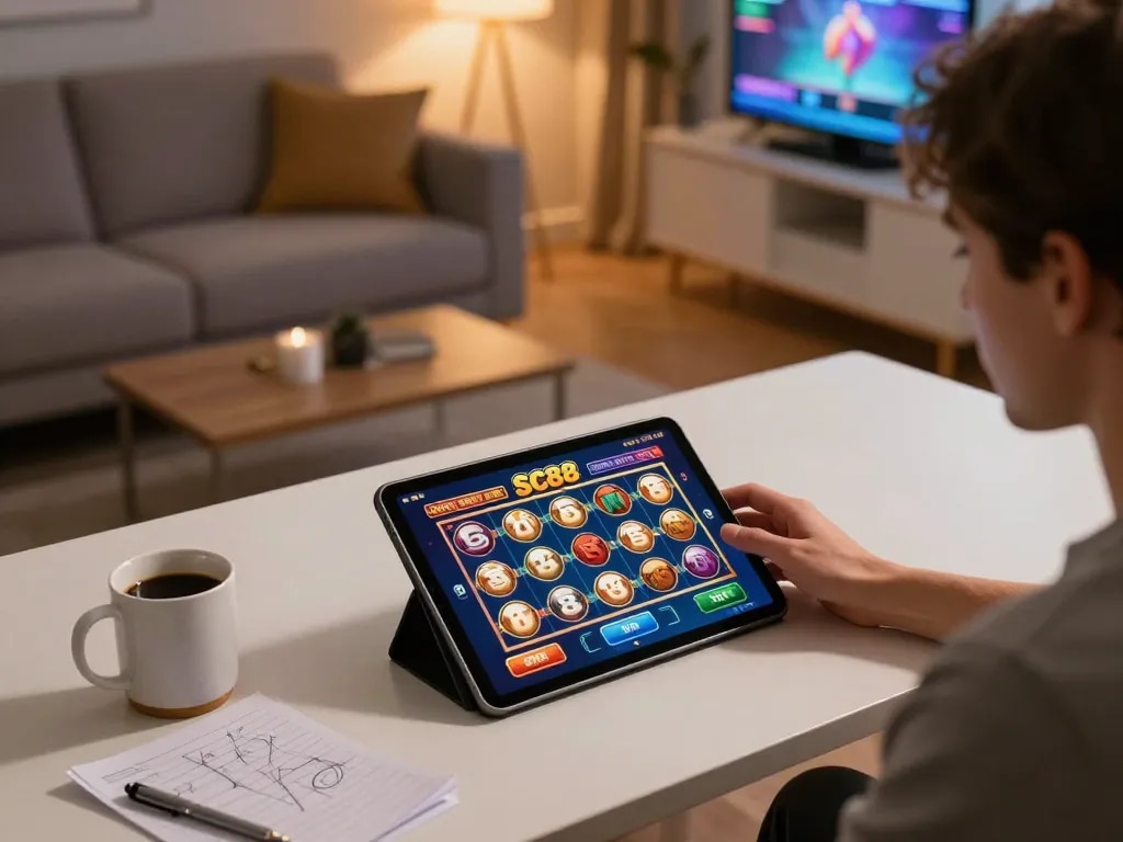 Engaging with SC88-themed slots game on tablet at home for an exciting online gambling experience
