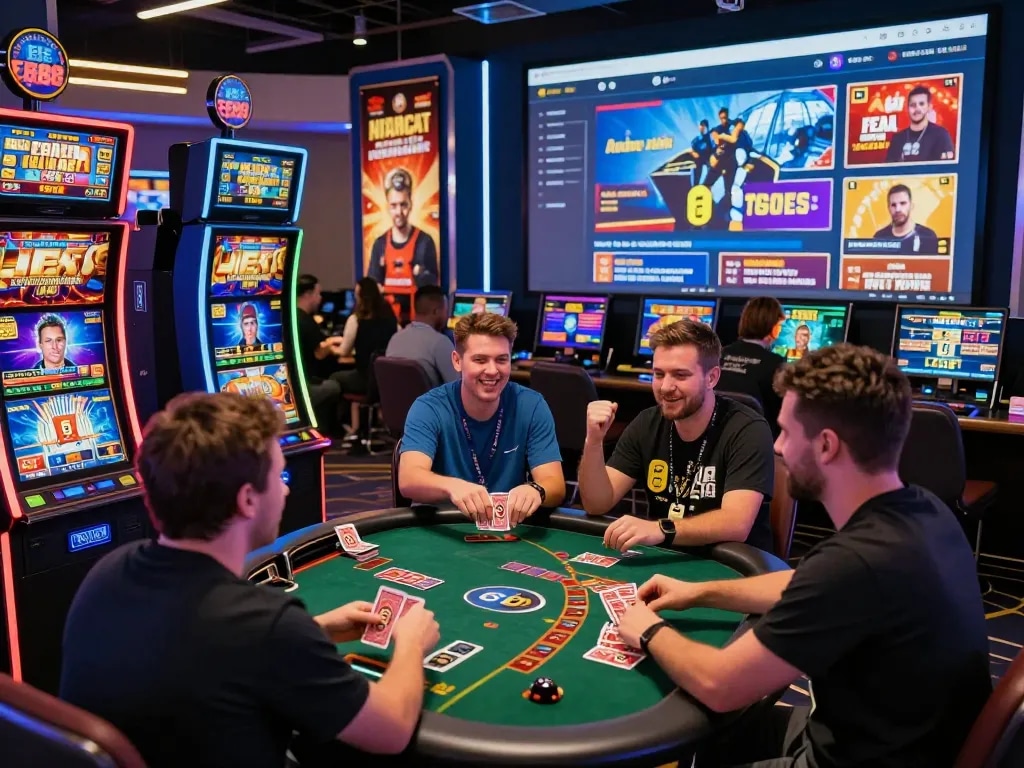 Players enjoying a lively online gaming experience with EE88, featuring a vibrant casino atmosphere.