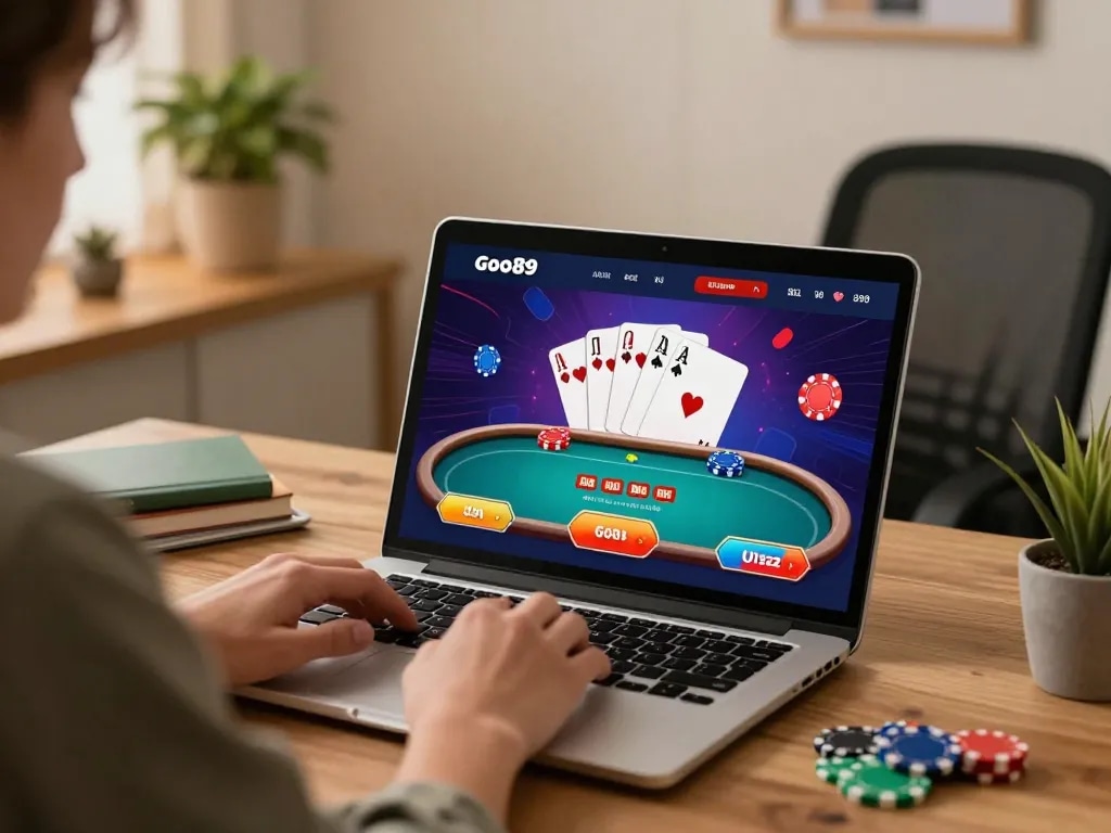Experience go89 poker gameplay on a sleek laptop in a cozy home setup, highlighting strategic fun.