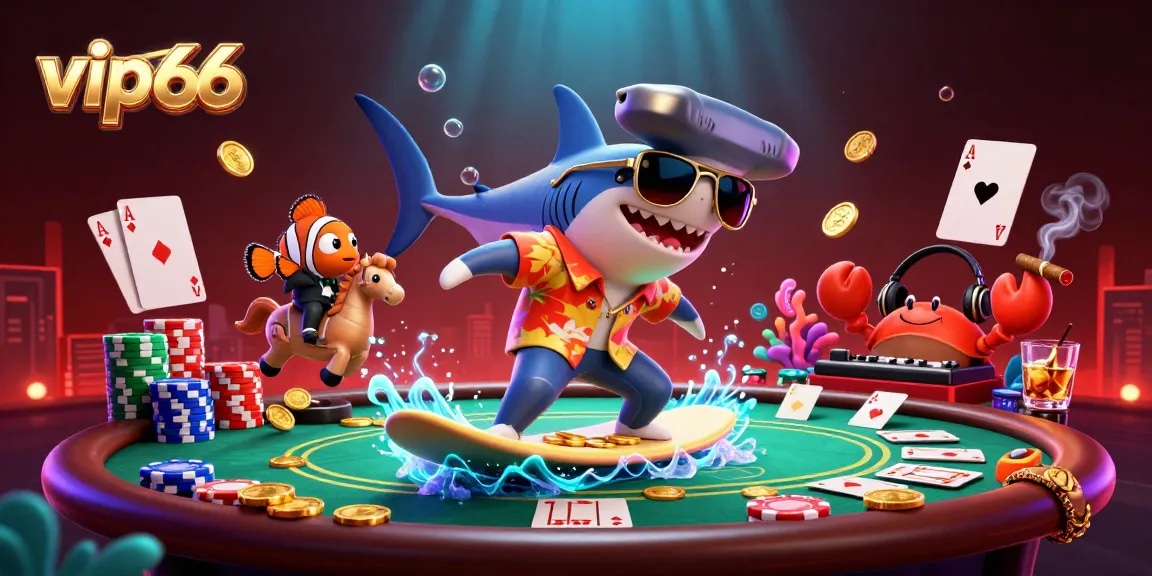 Experience vip66 gaming with a shark surfer, clownfish, and crab DJ in a vibrant casino scene.