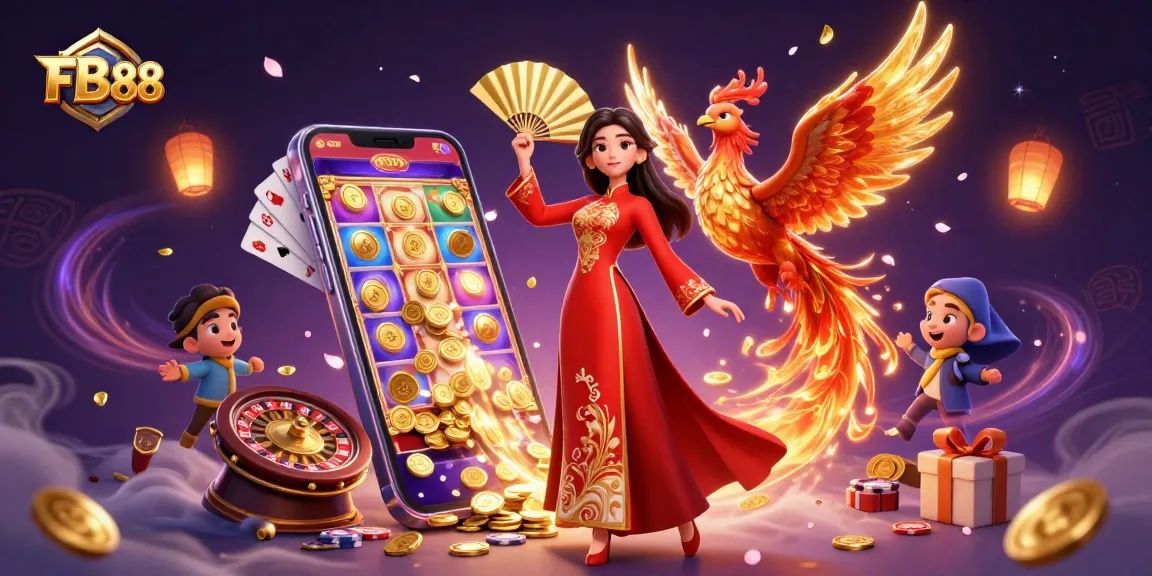 Experience thrilling moments with FB 88 in a vibrant casino-themed illustration showcasing dynamic gaming elements.