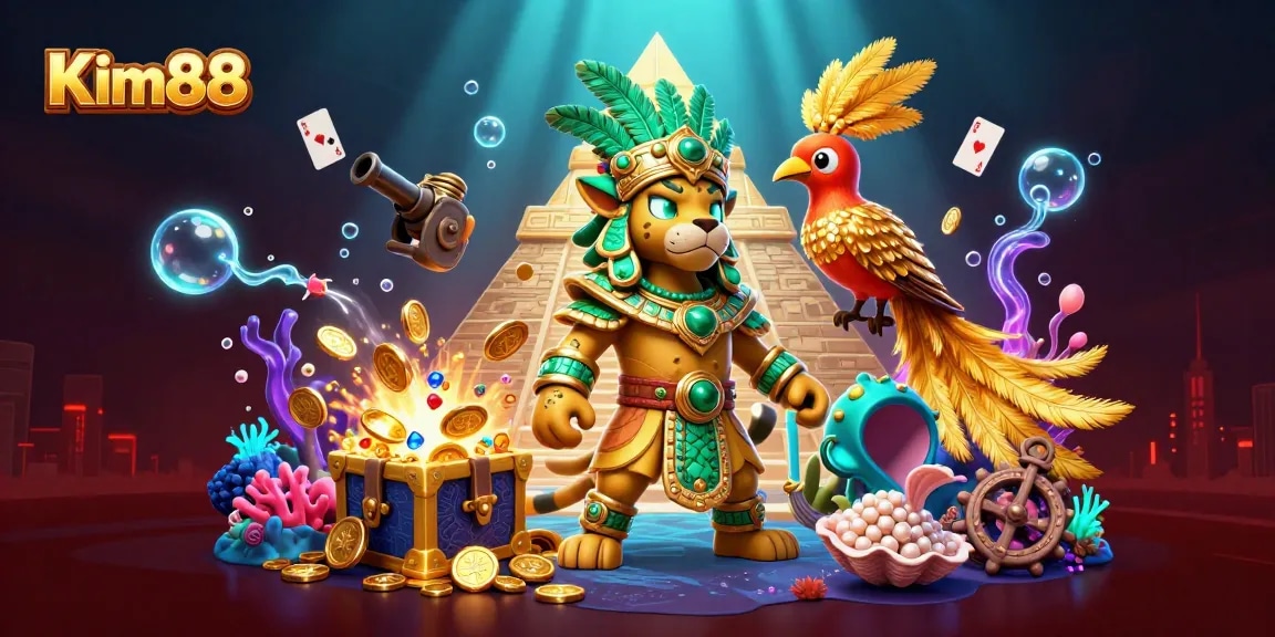 Engage in thrilling gameplay at Kim88 with colorful 3D illustration of an exciting casino adventure.