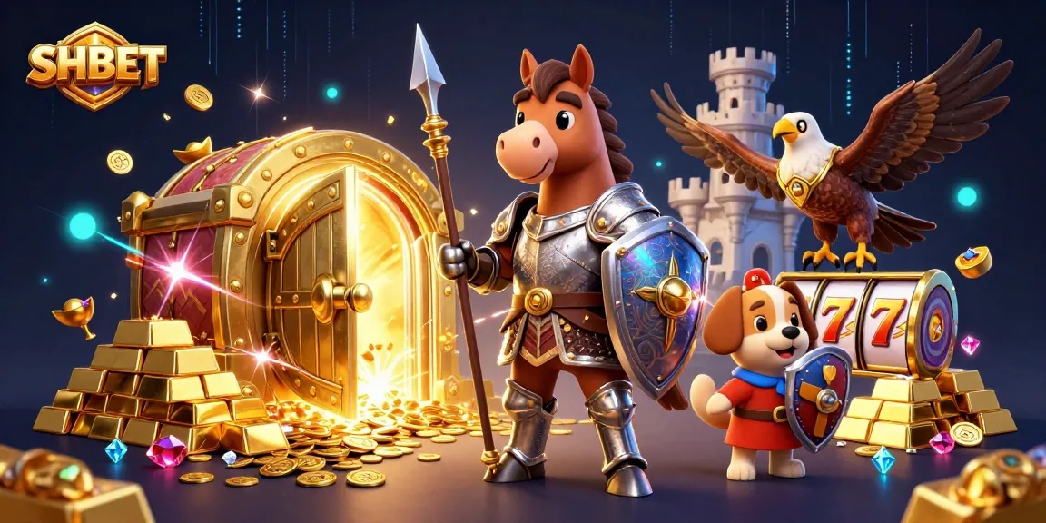 Engage with SHBET through this immersive 3D illustration of a knight and puppy amidst treasures, enhancing your casino experience.