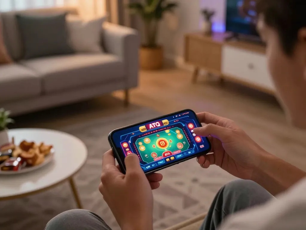Engaging in online gaming with the app ATQ on a smartphone in a cozy home setting