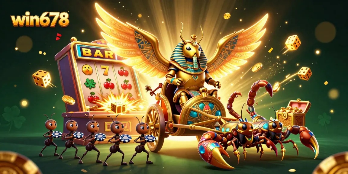 Experience the action at win678 with a 3D chariot driven by a golden scarab beetle, surrounded by bursting slot symbols and gold coins.