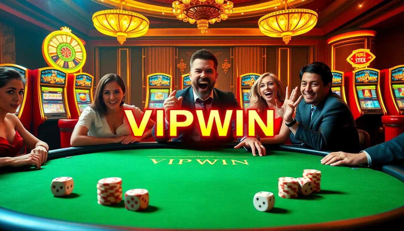 Players enjoying a thrilling game at the VIPWIN branded poker table in a luxurious casino setting.