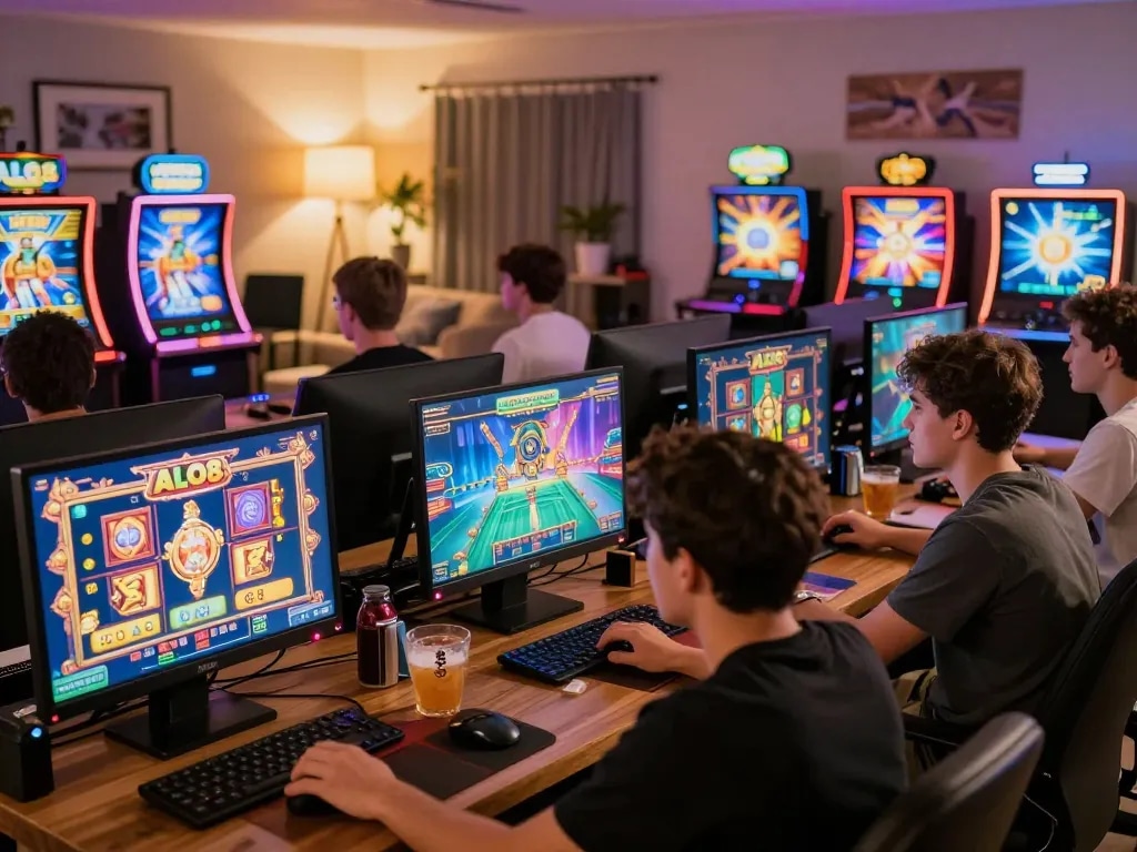 Players enjoying thrilling gameplay on ALO8's online slots during a cozy home gaming session