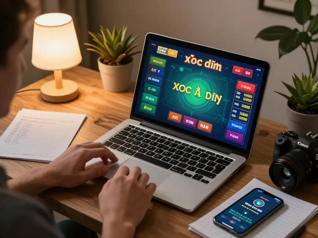 Xóc đĩa online gaming session on a laptop with vibrant interface and cozy atmosphere