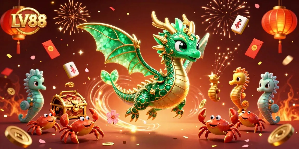 Engage with LV88's vibrant 3D illustration showcasing exciting casino elements and festive atmosphere.